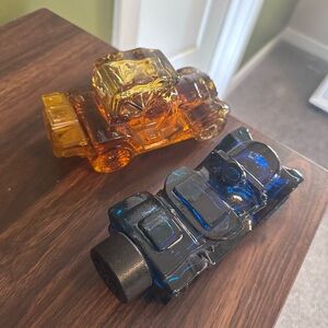 Vintage Amber Glass 2 Car Decanters